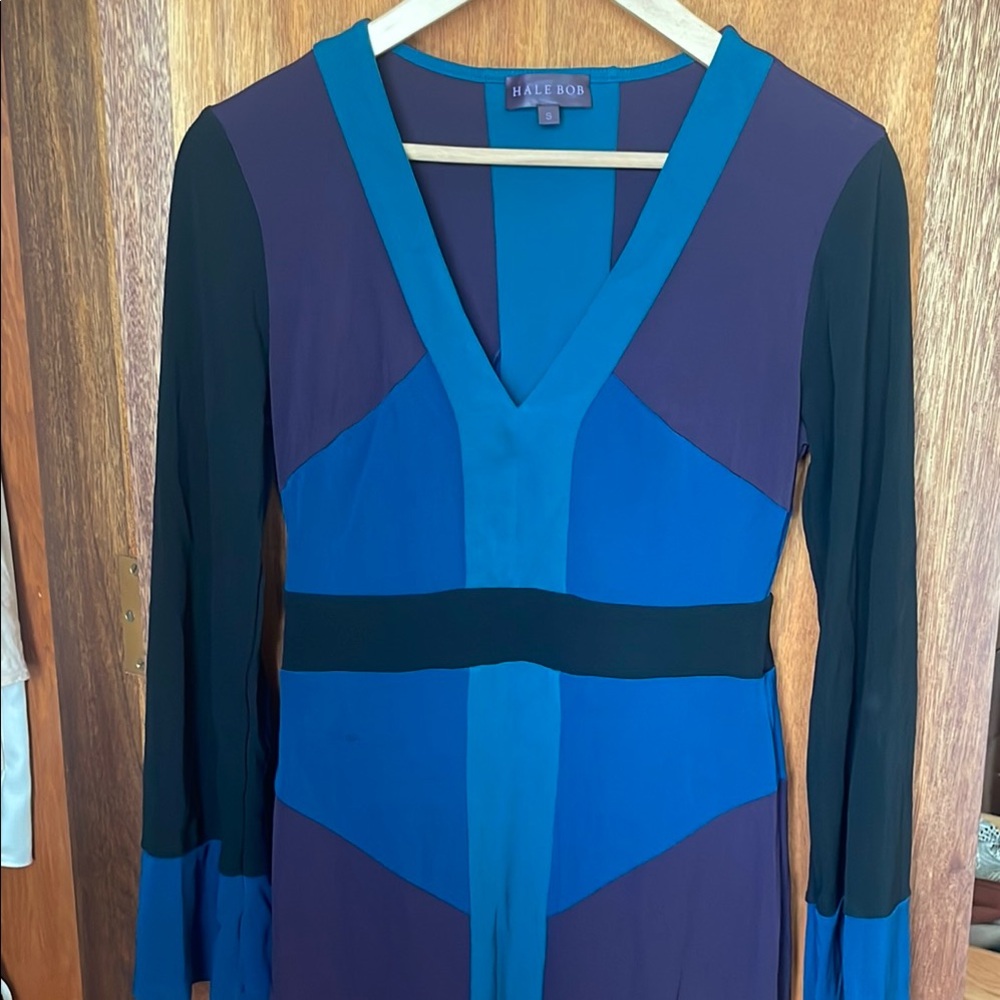 Hale Bob Mod Colorblock Long Sleeve Knit Sheath Dress Black Blue Purple S